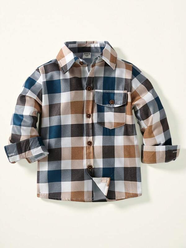 SHEIN Camisa De Bolsillo Con Solapa Y Estampado De Cuadros Para Niño