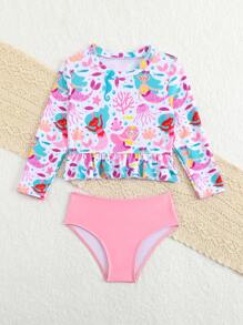 Young Girl Jellyfish Print Long Sleeve Ruffled Hem Tankini Swimsuit Set Long Sleeve Girls Swimsuit Swim Suit For Girls Long Sleeve Girls Long Sleeve Swim Suits Long Sleeve Bathing Suit Kids Long Sleeve Bathing Suit Girls - Pink - View 6