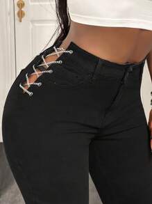 BamGleam Women's Fashionable Casual Sexy Unique Chain & Iron Ring Flare Leg Jeans