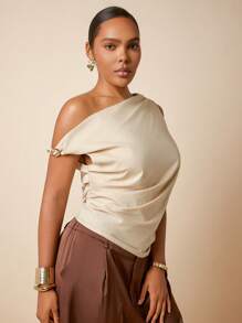 Hauture Plus Size Women Elegant Asymmetrical Neck Casual Office Wear Blouse Top - Apricot - View 4