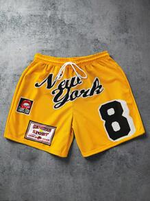 Manfinity Roghcode Men's Streetwear Sportswear, INS-Style High-Street Oversized Numeral "8" Print With New York Lettering Design, Yellow Mesh Fabric Sports Shorts, Basketball Shorts, Yellow Shorts, Suitable For Music Festivals And Daily, Gift For Boyfriend/Husband, Street Fashion, Y2K, Hip-Hop Rock - Multicolor - View 1