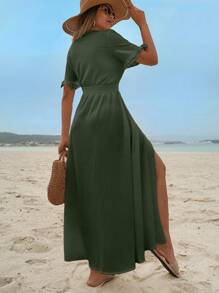 EURMUSE Vestido de mujer en unicolor con ribete de volante y botones delanteros - Verde militar - Ver 2