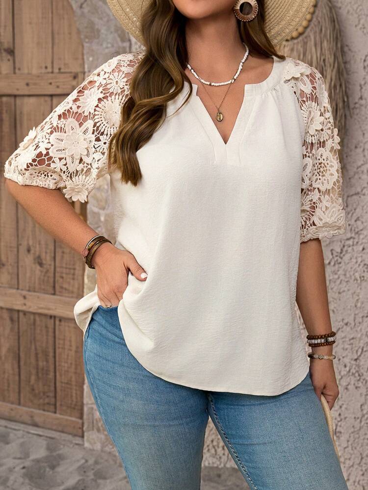 Plus Size Puff Sleeves V-Neck Lace Cuffed Blouse, Apricot Bohemian Style, Suitable For Spring And Summer Gifts For Mother Vacay Vibes Springbreak Casual Wear Bohemia Loose Fit Country Concert Blouse