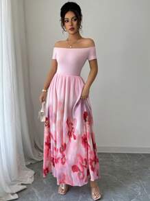 Elenzga Women's Elegant One Shoulder Tropical Plant Floral Print A-Line Maxi Dress With Drapes, Fashionable For Spring/Summer - Pink - View 6
