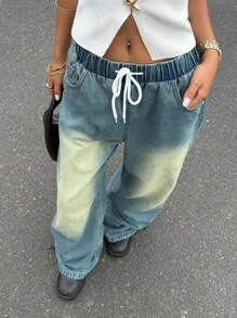 SHEIN EZwear Women's Drawstring Waist Pockets Wide Leg Loose Casual Versatile Jeans