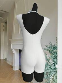 Comfortcana Summer Jacquard Knit Open-Back Slim Fit Jumpsuit - White - View 2