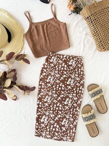Tween Girl Holiday Textured Knit Camisole Top And Pleated A-Line Skirt 2 Pieces Set - Brown - View 2