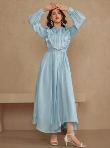 DAZY 女士收腰褶裥中长连衣裙，秋季穿搭，毕业礼服，长袖连衣裙，及地长裙 - 藍色 - 查看 6