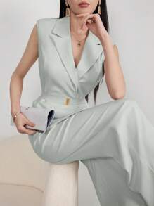 Modelyn 女士无袖系带高腰西装套装（含裤子），修身正装商务套装，春夏 - 薄荷綠 - 查看 5