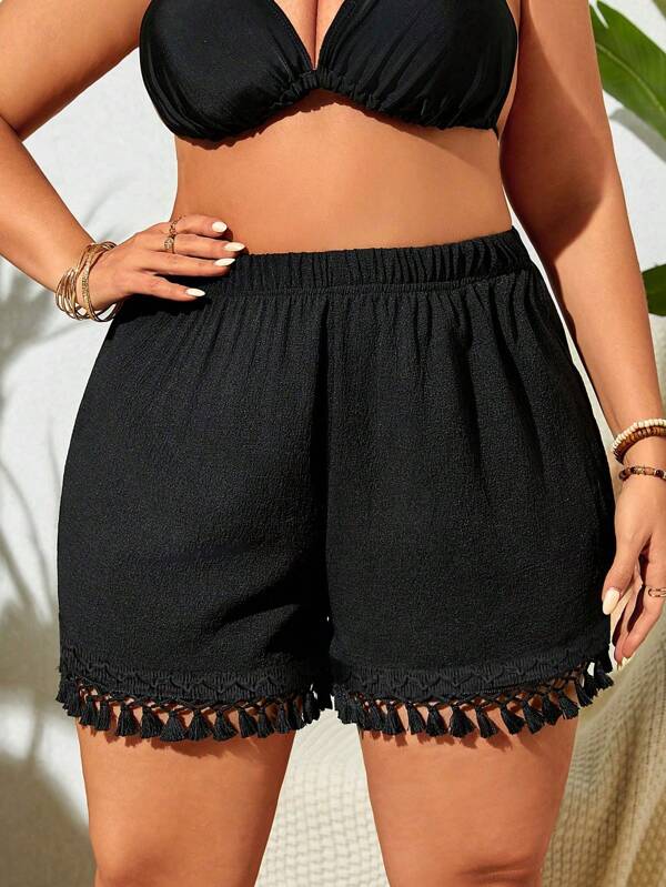 Swim Lushoire Plus Size Solid Color Elastic Waist Summer Cover-Up Shorts, Summer Beach