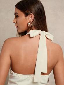 SHEIN PETITE 2pcs/Set Women's Apricot Woven Back Tie Backless Fitted Waist Jumpsuit With Straight Wide Leg Pants, Suitable For Office, Commute, Dating, Summer Women Dresses Birthday Women S 2 Pieces Outfits Woman Pants Suit - Apricot - View 5