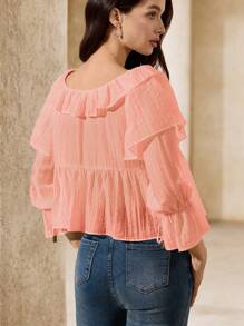 Revavyn Áo cánh nữ tay bồng, vải organza họa tiết voan cổ chữ V thanh lịch, thiết kế boho thời trang cho mùa xuân thu, áo trễ vai - Hồng - Xem 2
