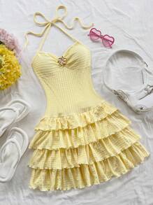 Soleia Vacation Romantic Tie Neck Ruffle Layered Mini Dress, Light Yellow, Suitable For Music Festival, Boho, Holiday Date, Afternoon Tea, Beachside, Summer Outfit Butter Yellow Dress Vacation Dress - Yellow - View 3