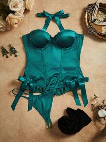 Retro Palace Style Satin Bustier With Ruffle, Bow Decor Sexy Layered Classic Women's Intimate - Dark Green - View 1