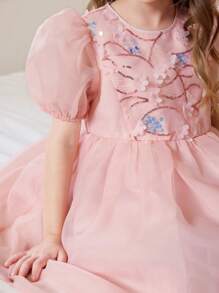 Fern Glow  Young Girl's Elegant Floral Mesh Sleeveless Dress For Summer - Pink - View 5