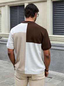 Manfinity Homme Suéter de punto de manga corta con cierre a rayas y cuello con cremallera para hombre