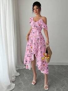 Elenzga Váy in hoa xếp nếp bất đối xứng thanh lịch dành cho nữ - Hồng - Xem 6
