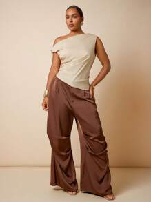 Hauture Plus Size Women Elegant Asymmetrical Neck Casual Office Wear Blouse Top - Apricot - View 3