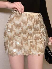 DAZY 女士亮片裙，时尚百搭，适合夏季、圣诞节和新年穿着。 - 杏色 - 查看 1