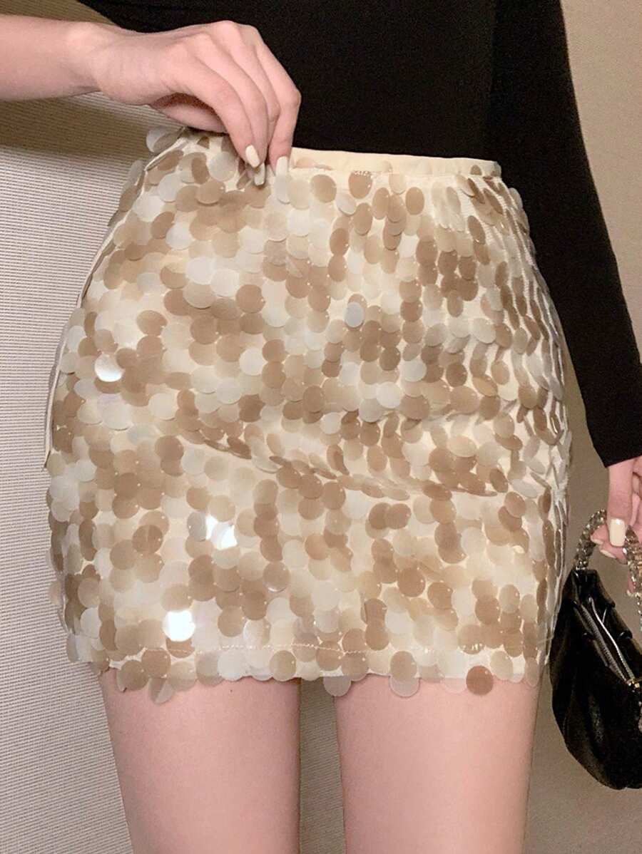 DAZY 女士亮片裙，时尚百搭，适合夏季、圣诞节和新年穿着。 - 杏色 - 查看 1