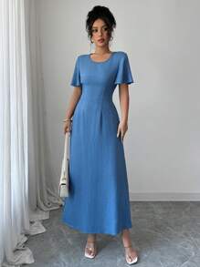 Elenzga Váy dài chữ A thanh lịch cho nữ, mùa hè - Màu xanh lam - Xem 5