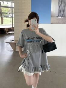 DAZY Women's Round Neck Graphic Bowknot Ruffle Hem Solid Letter Print Short Sleeve T-Shirt Cute Tops - Grey - View 1