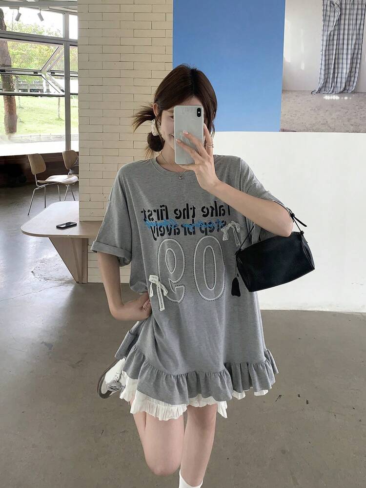 Women's Round Neck Graphic Bowknot Ruffle Hem Solid Letter Print Short Sleeve T-Shirt Cute Tops