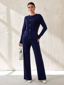 RueChic 2pcs Women Ribbed Knitted Cardigan And Pants Set,Co Ord,Winter Clothes - Black - View 3