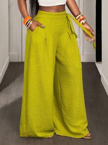 BamGleam Women's Solid Color Side Waist Tie-Up Pleated Wide Leg Loose Pants - Green - View 5