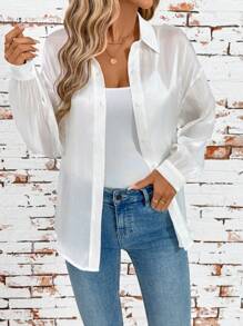 SHEIN Clasi 透明素色简约翻领衬衫、长袖上衣、亮缎衬衫 - 白色 - 查看 4