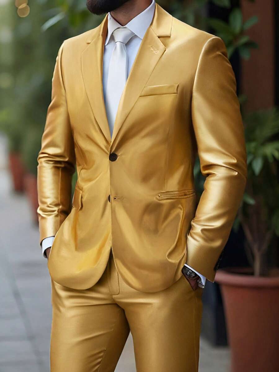 Manfinity AFTRDRK Men's Fashion Business Casual Gold Color Blazer And Trousers Suit Set - Gold - View 1