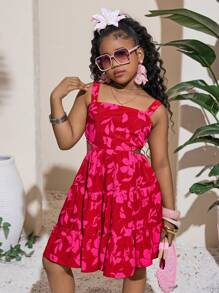 SHEIN Vestido de verano con estampado floral, escote halter y cintura recortada para niña preadolescente, vestidos rojos - Rojo - Ver 2
