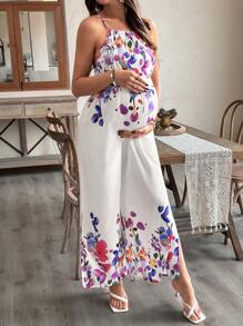 SHEIN 孕妇不对称印花长肩带连体裤