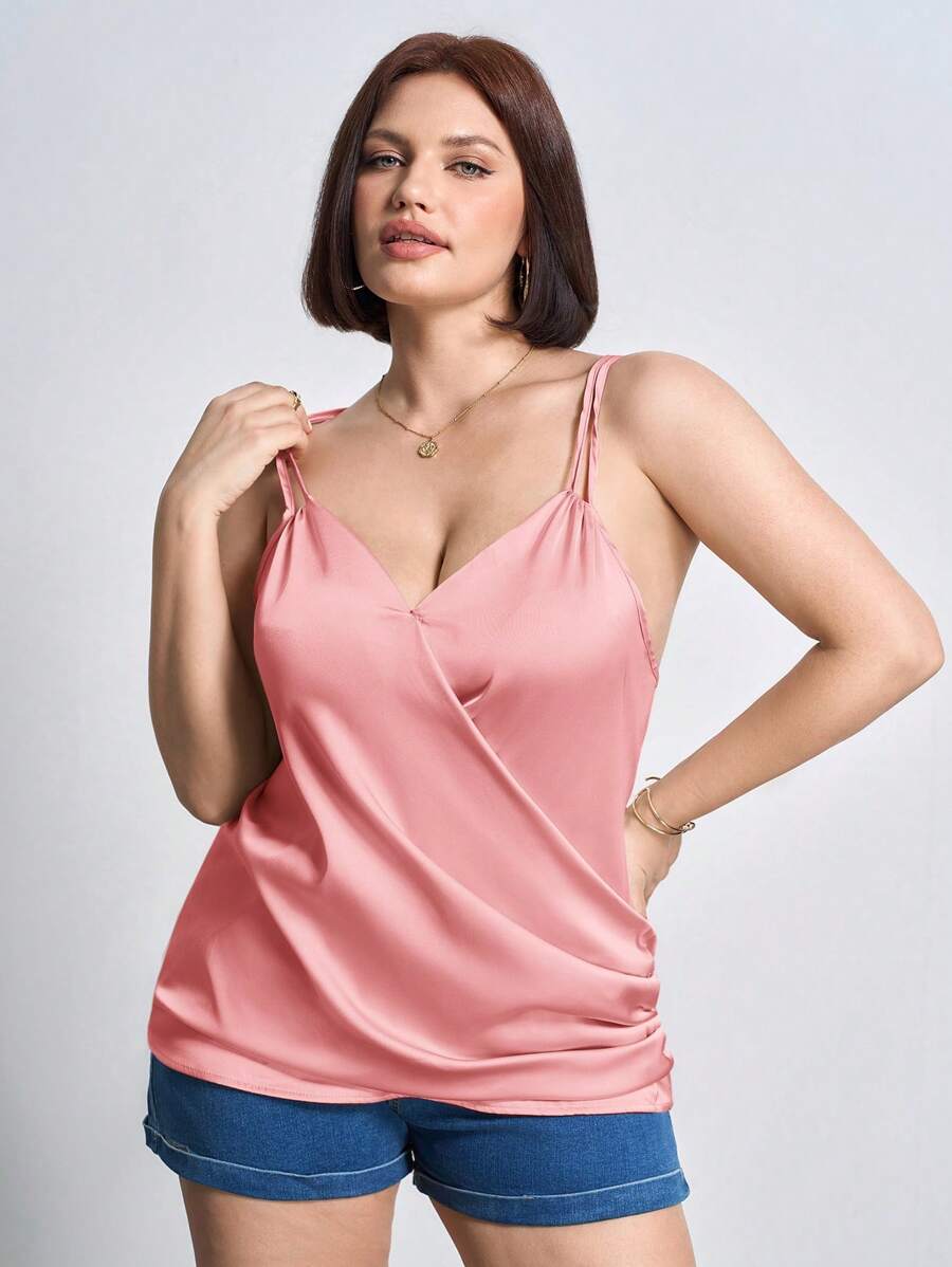 SHEIN Clasi 加大码缎面褶饰优雅吊带背心，女士办公室服装 - 粉色 - 查看 1