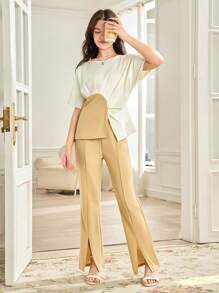 SHEIN 2 piezas Pantalones acampanados con diseño asimétrico plisado y abertura frontal en color albaricoque para chicas adolescentes, conjunto elegante para chicas adolescentes