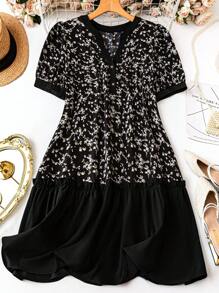 EMERY ROSE Plus Size Ditsy Floral Patchwork Casual Vacation Dress - Black - View 1
