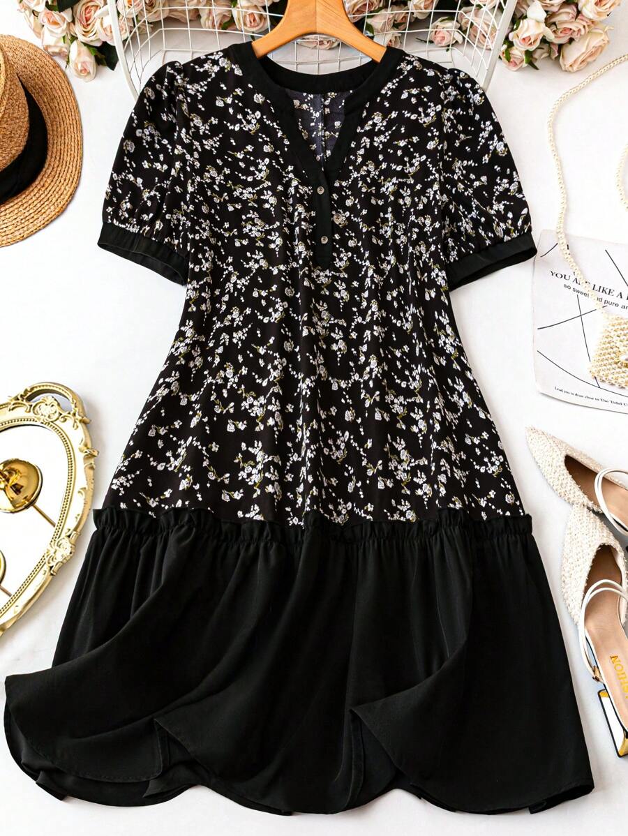 EMERY ROSE Plus Size Ditsy Floral Patchwork Casual Vacation Dress - Black - View 1