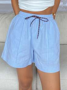 DAZY Women's Casual Contrast Color Drawstring Decorated Loose Shorts Loungewear Bottom Sleep Shorts - Blue - View 3