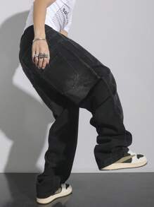 Manfinity Hypemode Plus Size Men's Pocket Decor Loose Wide Leg Casual Versatile Jeans Baggy Jeans Mens