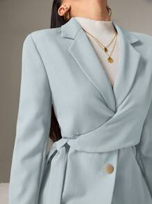 Heiryn 女士纯色翻领长袖侧结西装外套秋冬开学季 - 淺藍色 - 查看 4