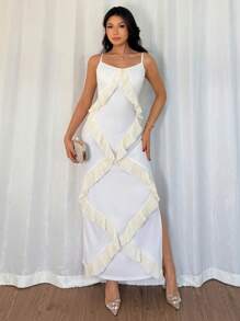 SHEIN Unity 女式拼接荷叶边下摆修身优雅细肩带连衣裙 - 白色 - 查看 4