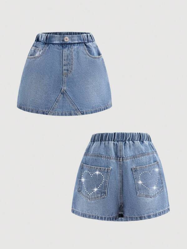 NEW Tween Girls Personalized Versatile Comfortable Washed Soft Fashion Street All-Match Rhinestone Decor Non-Elastic Thin Denim Mini Skirt, Suitable For Casual Outings, Summer 2025 Spring/ Summer