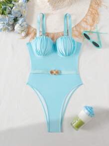 Swim Chiccia 女士新款夏季纯色加厚褶皱可拆卸金属壳扣带连体泳衣，性感优雅度假前卫简约，适合情人节