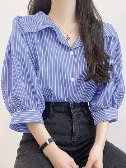 DAZY 女士翻领条纹半袖灯笼袖宽松上衣，春夏秋