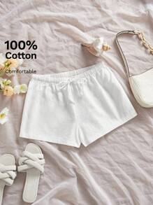 SHEIN Tall 100% Cotton, Cotton And Linen Feel Summer Low-Waist Women's Shorts - White - View 1