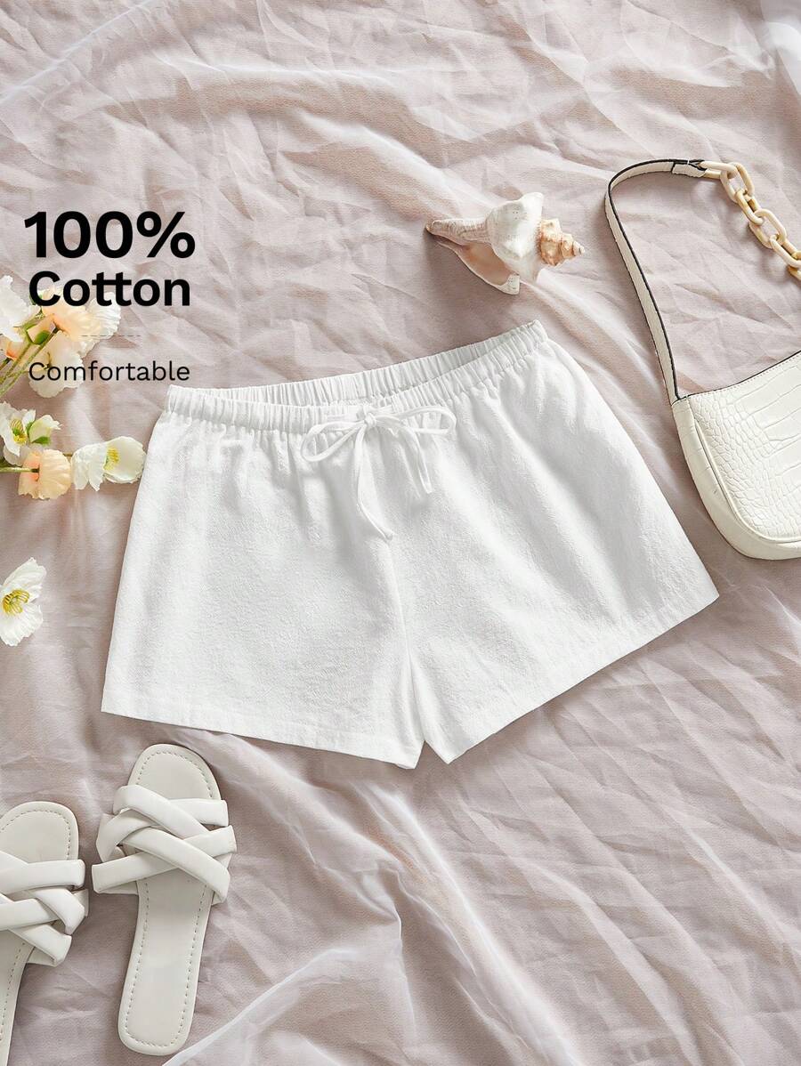 SHEIN Tall 100% Cotton, Cotton And Linen Feel Summer Low-Waist Women's Shorts - White - View 1