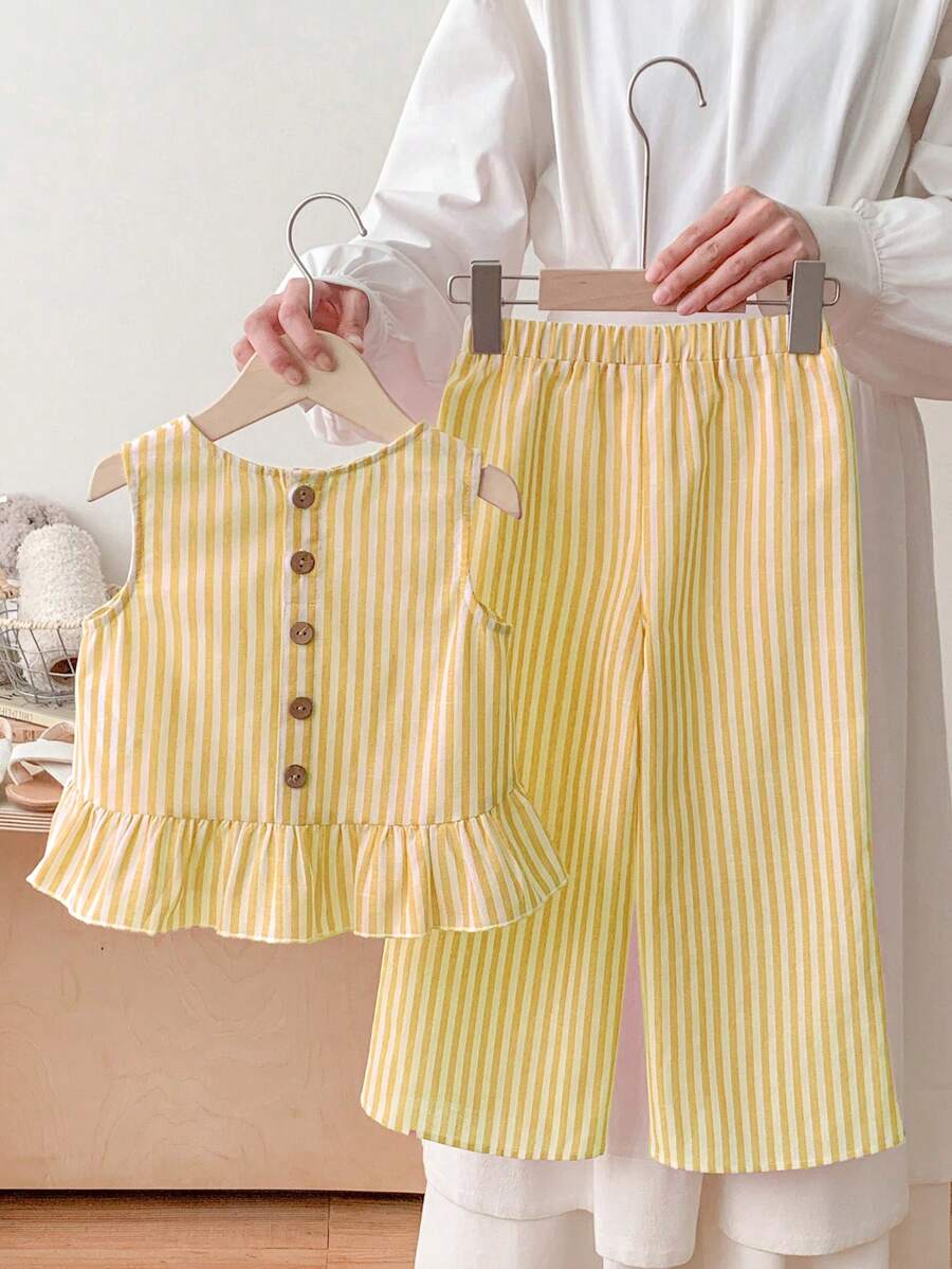 SHEIN LMoss Kids LMoss 2件套年轻女孩梭织纯色翻领修身休闲衬衫搭配梭织宽松裤 - 黃色 - 查看 1