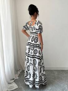 Rafferiza 女式夏季乡村花卉印花露肩连衣裙 - 黑與白 - 查看 2