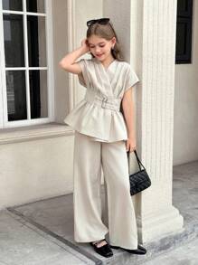 SHEIN 青少年女孩宽松落肩裹腰上衣和裤子优雅两件套 - 杏色 - 查看 1