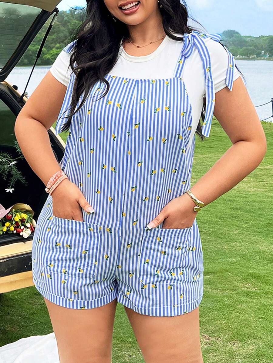 SHEIN EZwear 夏季最新款蓝白条纹梭织印花连体裤 - 彩色 - 查看 1